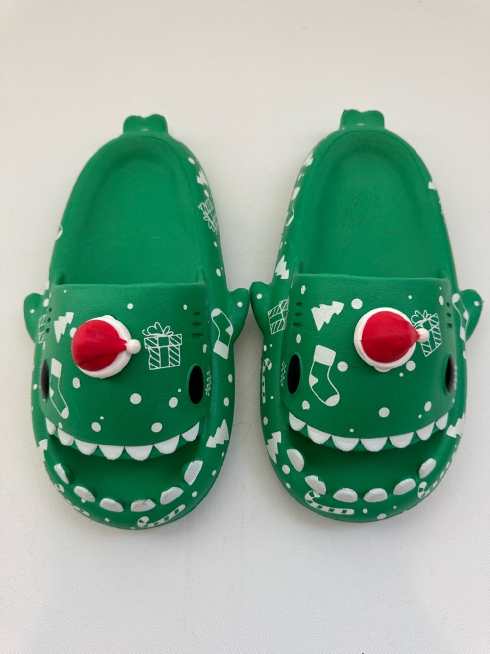 Kids Christmas Dino Clogs Green Holiday Shoes Santa Hat Slip Ons 38-39